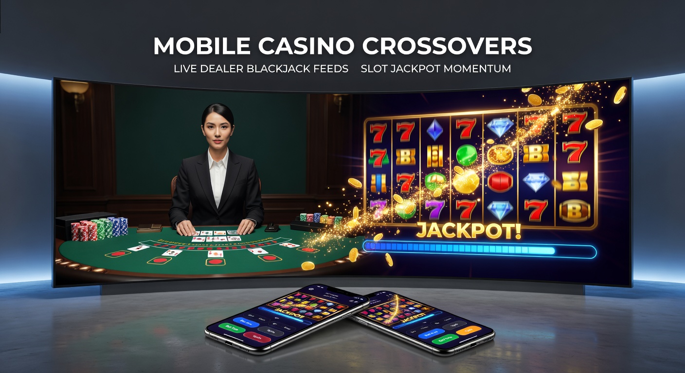 Dynamisches Diagramm mit Live-Blackjack-Feed, der Pfeile zu einem explodierenden Slot-Jackpot sendet, umgeben von Mobilgeräten