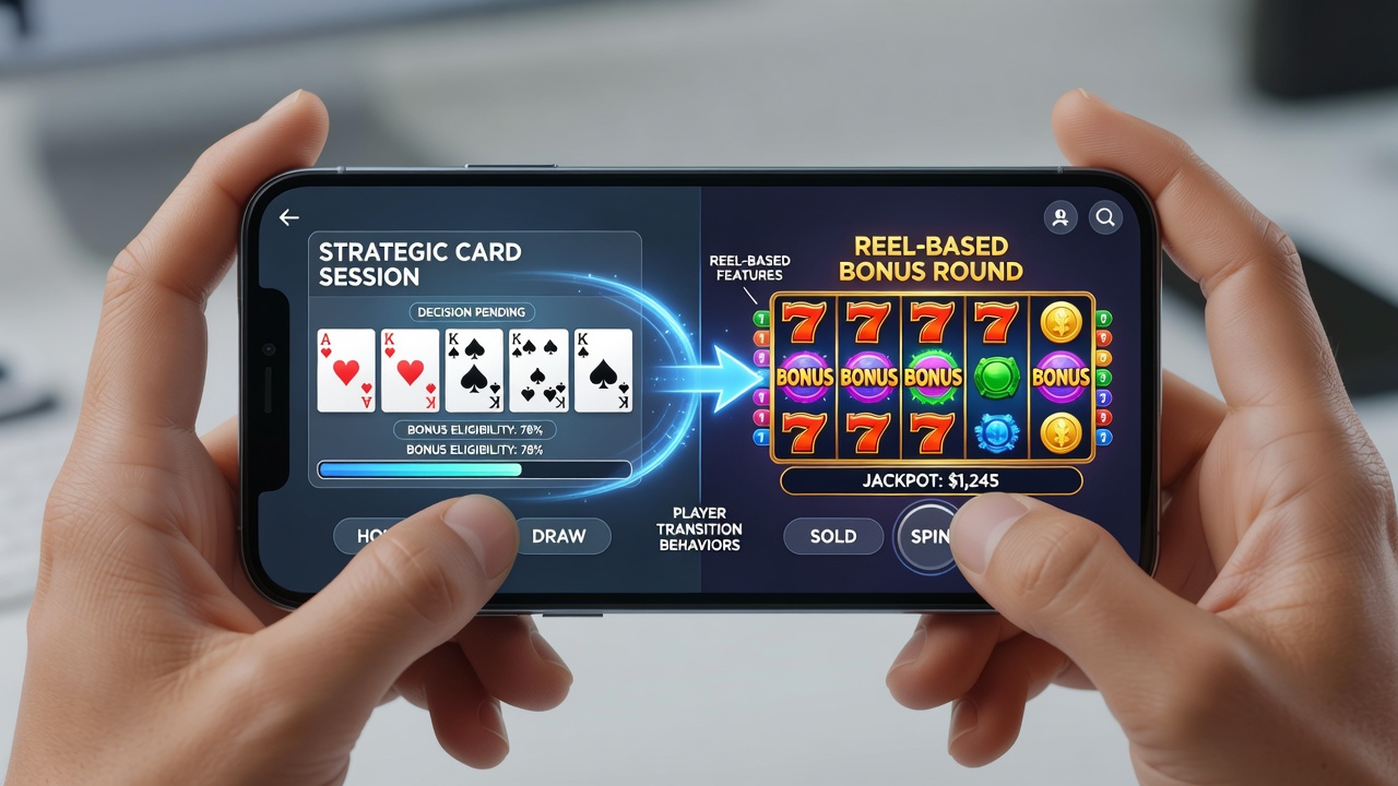 Darstellung von Spielerübergängen zwischen Kartenspielen und Slots auf mobilen Geräten