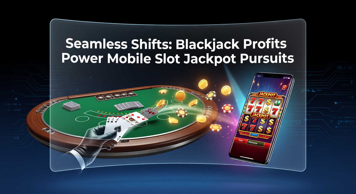 Smartphone-Bildschirm zeigt Blackjack-Tisch neben rotierenden Slot-Walzen mit aufsteigenden Jackpot-Zahlen, symbolisiert nahtlose Wechsel in mobilen Casinos
