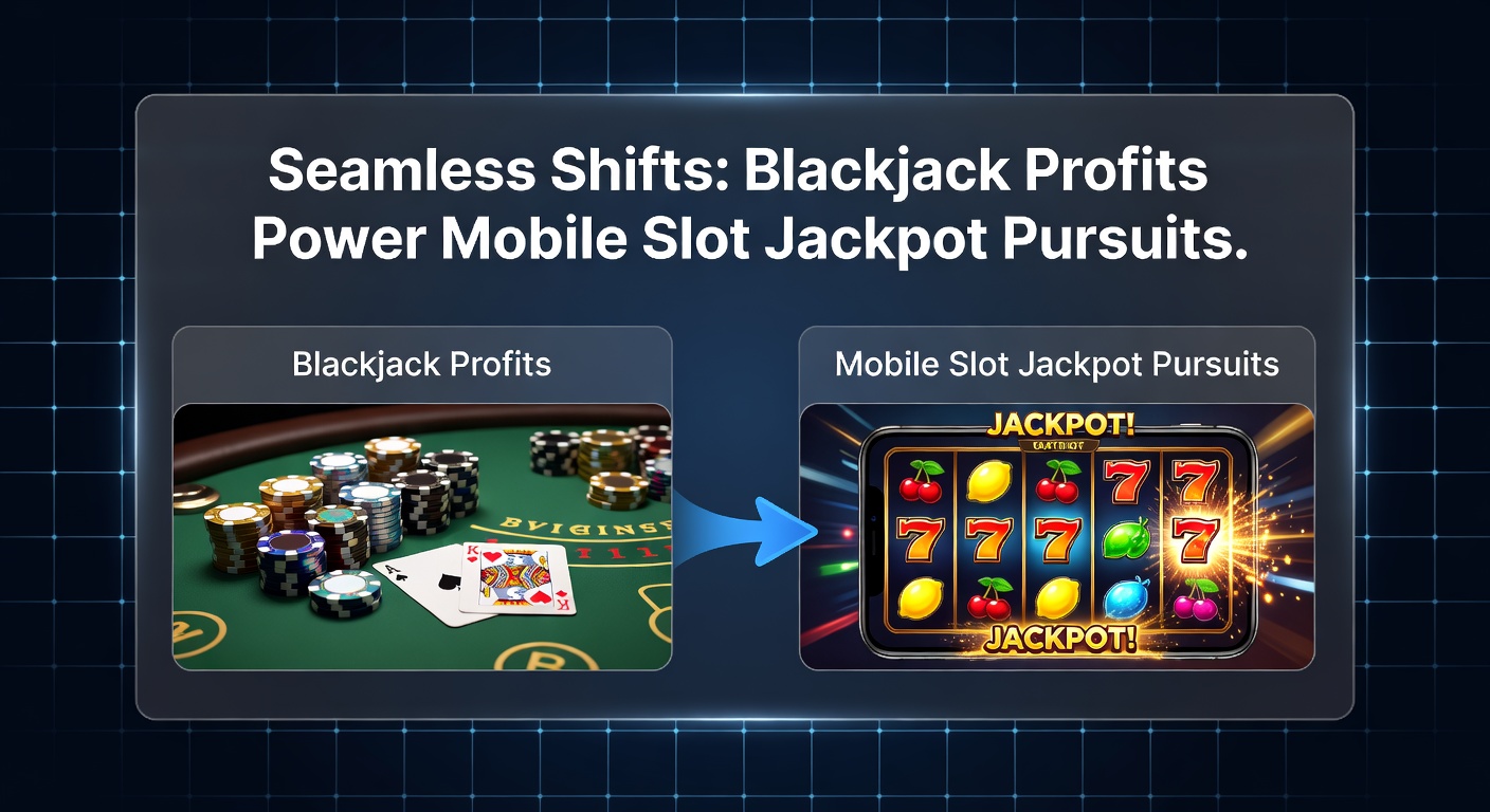 Grafik mit Pfeilen vom Blackjack-Tisch zu explodierenden Slot-Jackpots auf Mobilgeräten, illustriert Gewinntransfers und steigende Balkendiagramme