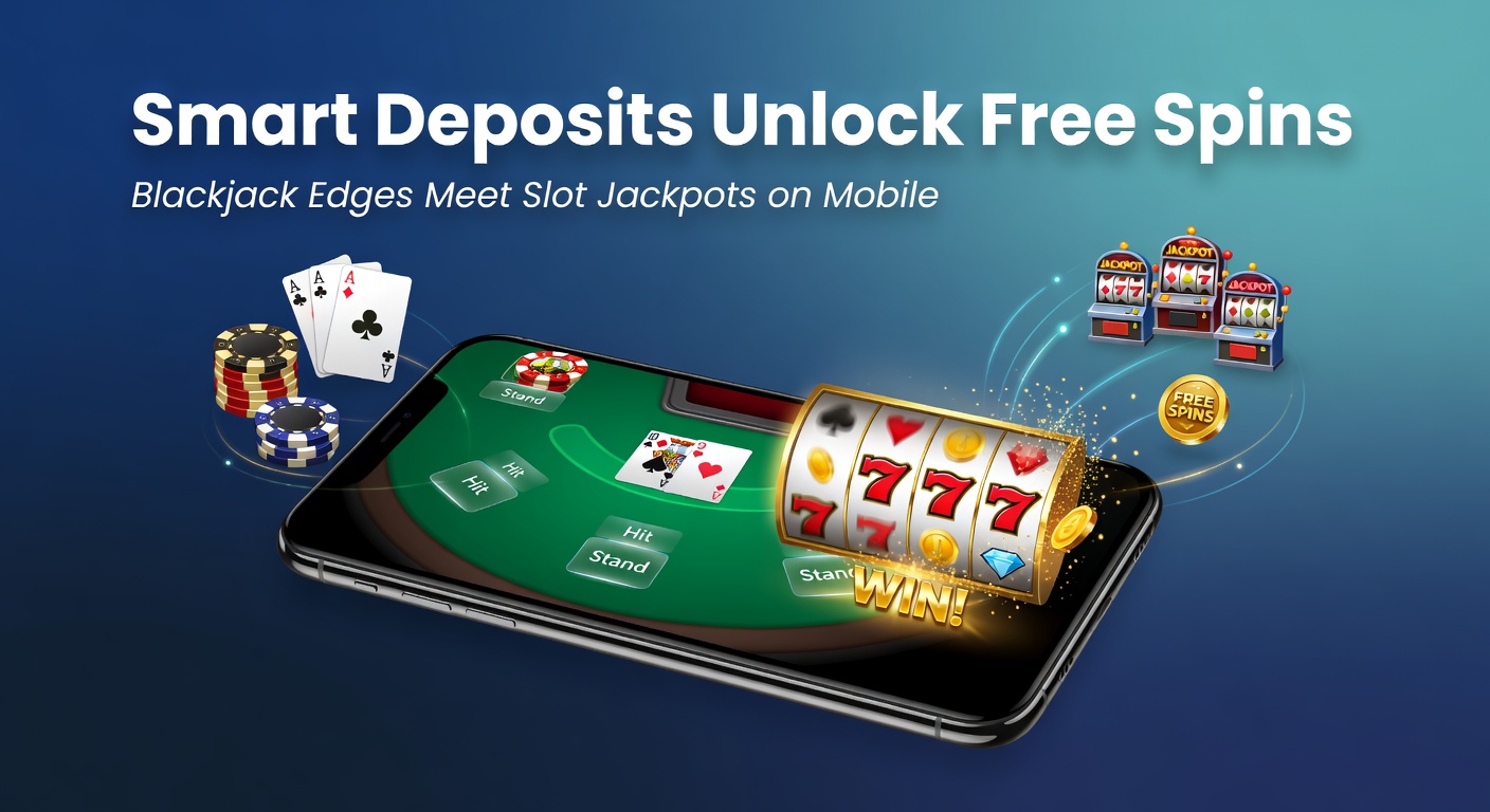 Smartphone mit Blackjack-Tisch und leuchtenden Slot-Jackpots, die durch Einzahlungsboni verbunden sind