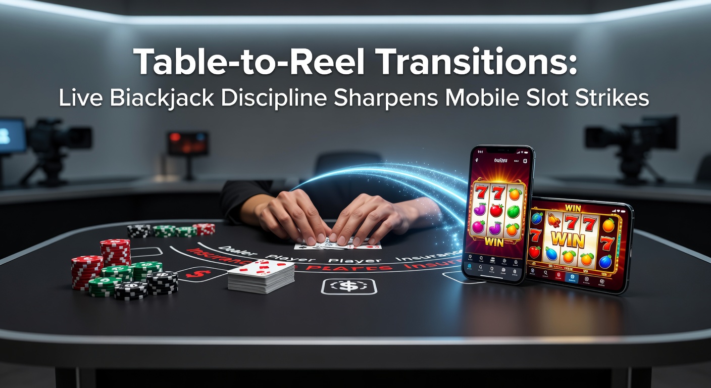 Live-Blackjack-Tisch mit Spieler, der Strategie anwendet, neben einem Mobile-Slot-Screen mit rotierenden Walzen