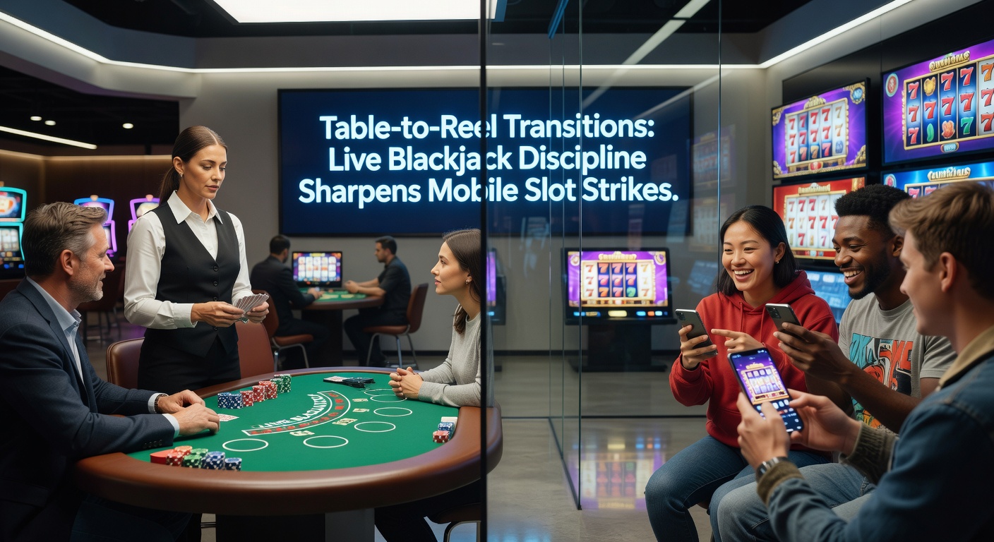 Mobile Slot mit aktiviertem Bonus-Feature, im Hintergrund ein Live-Blackjack-Stream auf Tablet