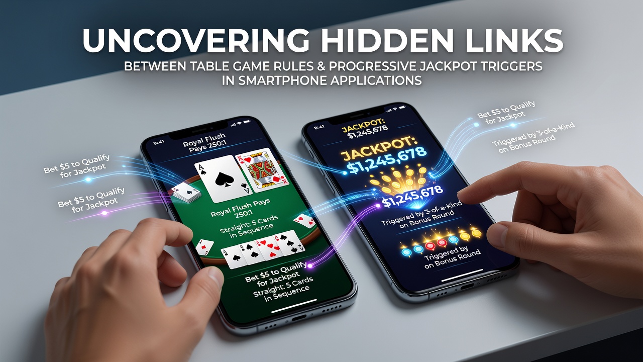 Illustration showing connections between table game rules and mobile progressive jackpot triggers on smartphone screens