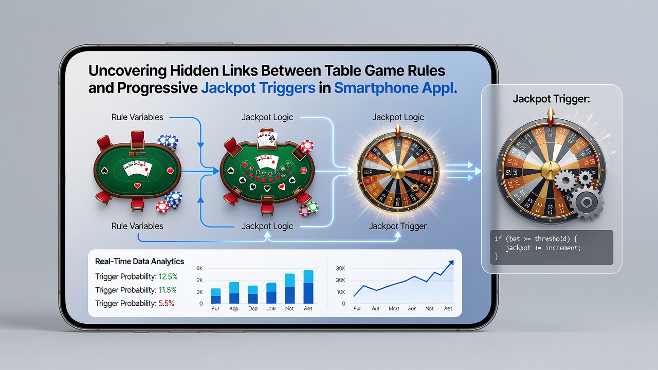 Detailed view of smartphone interface displaying linked table game rules influencing progressive jackpot triggers