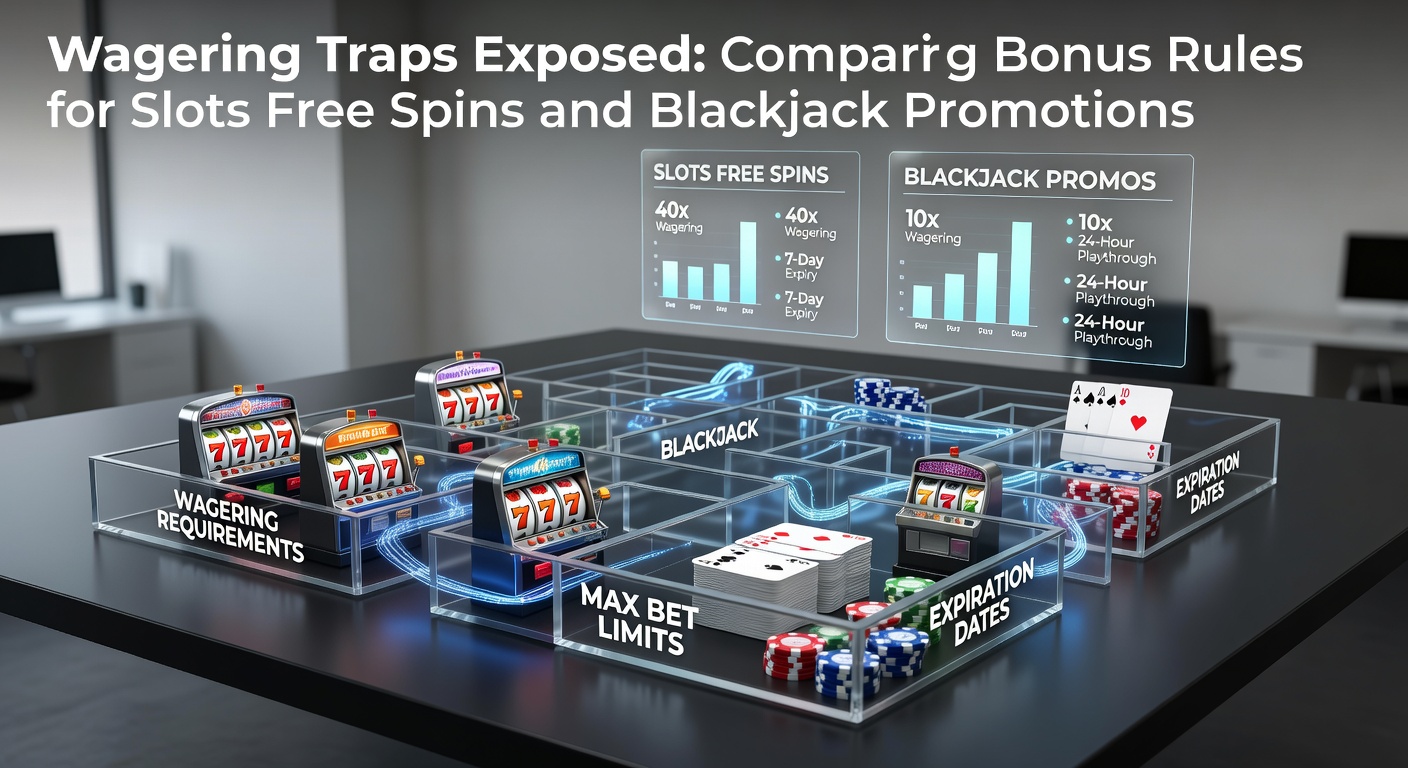 Grafik mit vergleichenden Diagrammen zu Umsatzbedingungen bei Slots-Freispielen und Blackjack-Boni, die typische Wagering-Multiplikatoren und Einschränkungen hervorhebt