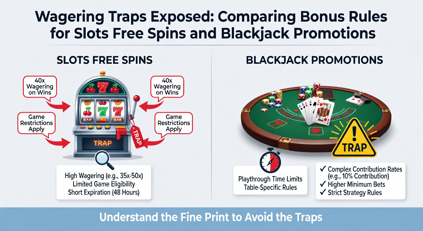 Vergleichstabelle mit Balkendiagrammen, die Wagering-Multiplikatoren, Beitragsprozente und typische Einschränkungen für Slots und Blackjack illustrieren